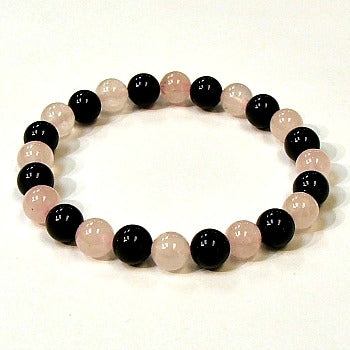 Rose Quartz And Black Onyx 8MM Two Stone Round Beaded Bracelet