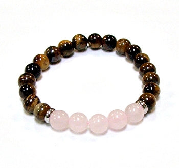Tiger Eye With Five Rose Quartz 8MM Round Beaded Bracelet