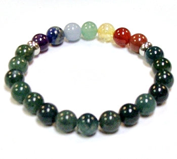 Moss Agate With Chakra Stones 8MM Round Beaded Bracelet