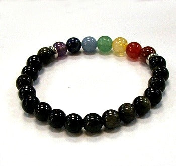 Black Obsidian With Chakra Stones 8MM Round Beaded Bracelets