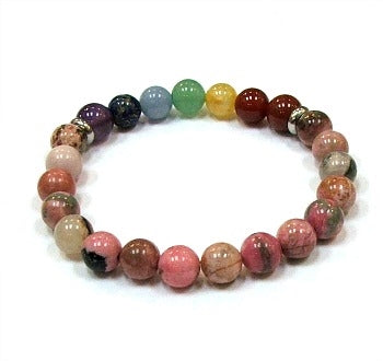 Rhodonite With Chakra Stones 8MM Round Beaded Bracelet