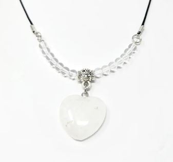 Clear Quartz Heart With Beads Choker On Black Cord Clasp Necklace