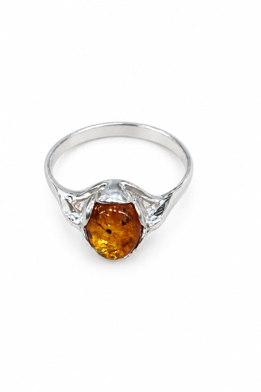 Amber Oval Cab Flower Bezel Silver Rings Stye# H