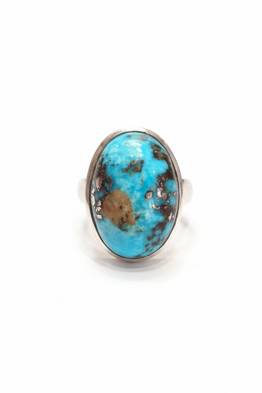 American Turquoise with Gold Matrix Oval Cab Sterling Silver Ring Size 8