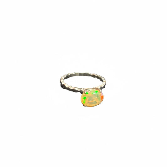 Ethiopian Opal Faceted Oval Claw Set Beaded Band Sterling Silver Ring