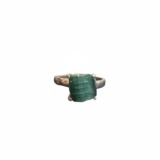 Green Tourmaline Natural Polished Claw Set Beated Band .925 Sterling Silver Ring Size 9