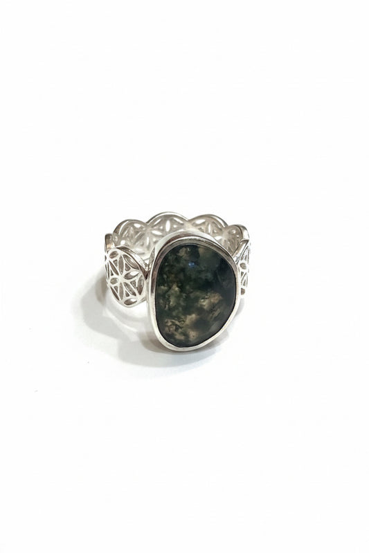 Green Moss Agate Faceted Flower Of Life Filigree Band Sterling Silver Ring Size 7.5