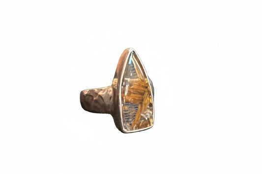 Rutilated Quartz Drop Cab Framed Beated Band.925 Sterling Silver Ring Size 7
