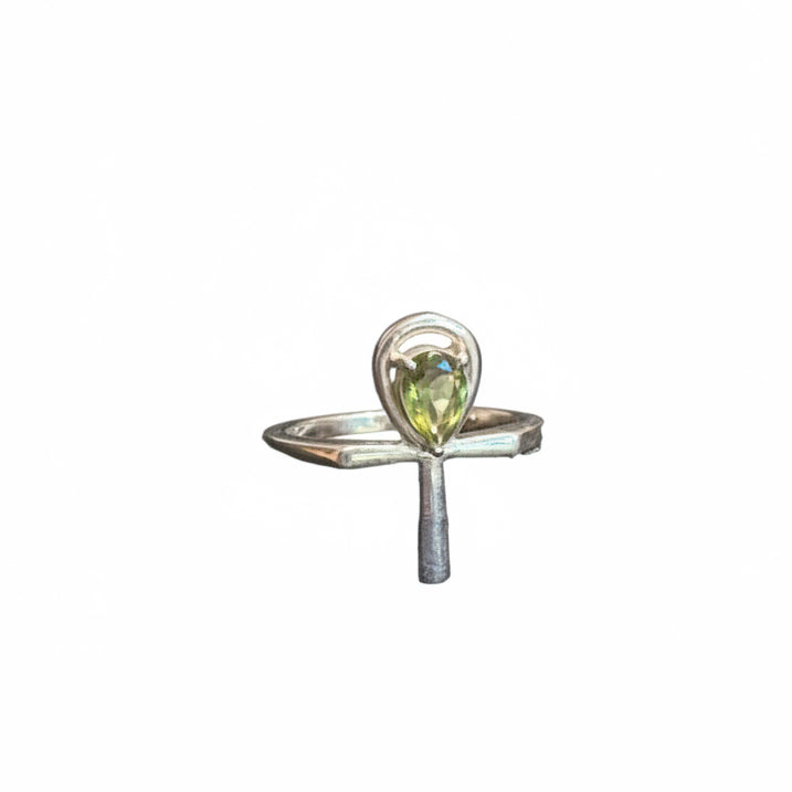 Moldavite Ankh .925 Sterling Silver Ring Size 7