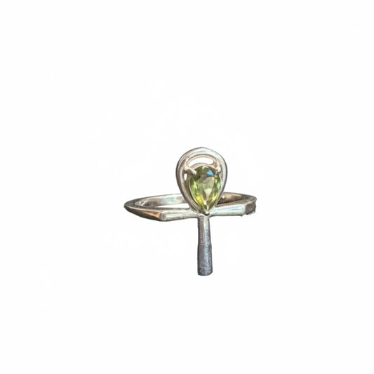 Moldavite Ankh .925 Sterling Silver Ring Size 9