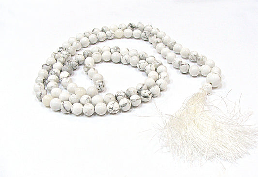 White Howlite 8mm 108 Beaded Mala with Guru Beads & Tassel