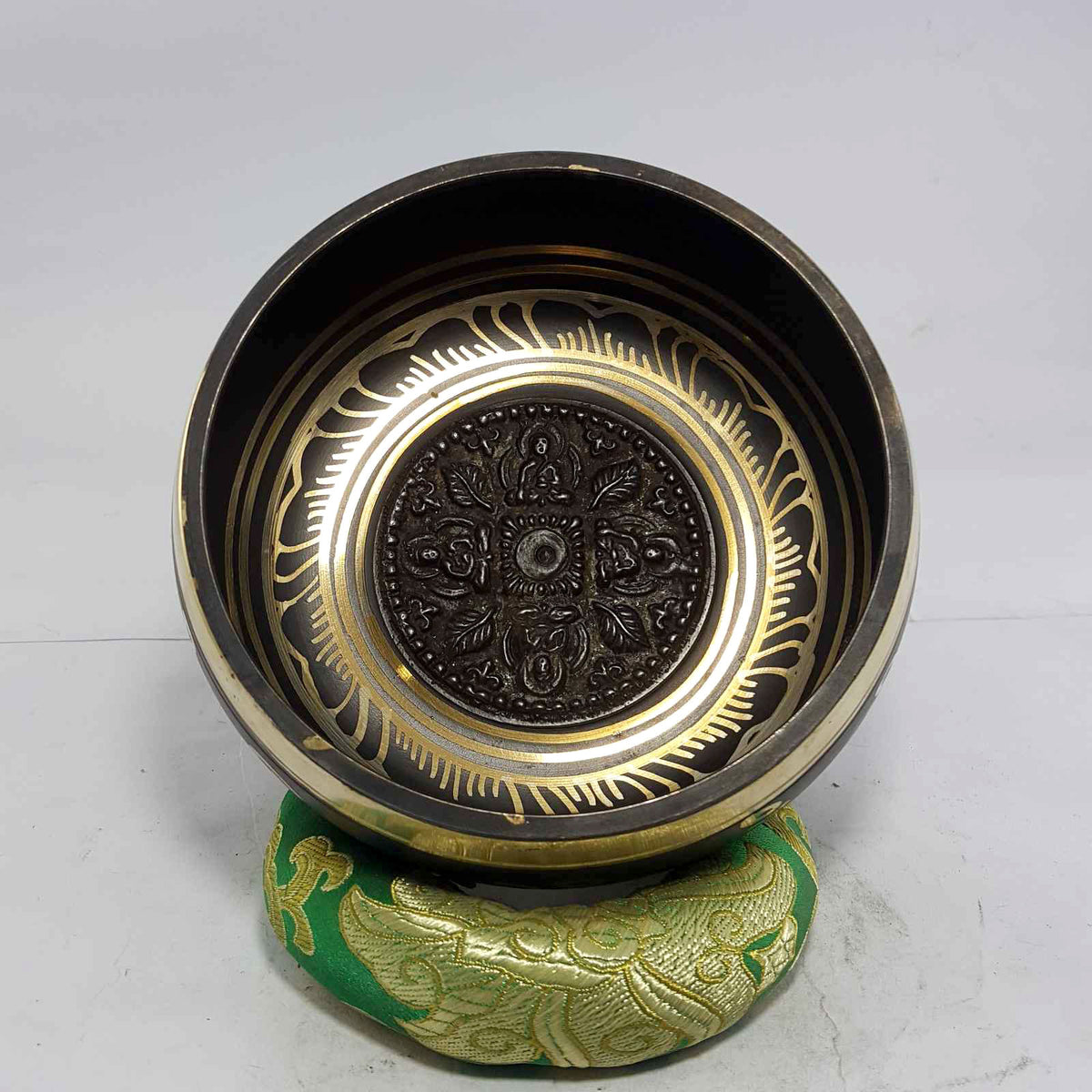 Pancha Buddha Embossed 4" Brass Tibetan Mantra with Design Singing Bowl Black & Gold