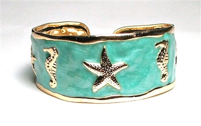TURQUOISE COLOR  W/ SEA LIFE STAINLESS STEEL CUFF BRACELET