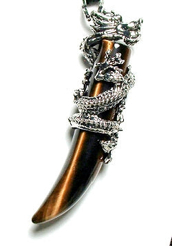 Tiger Eye Dragon Tooth Plated Dragon Pendant