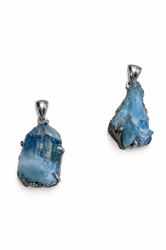 Aqua Aura Quartz Natural Point Claw Set Sterling Silver Pendant