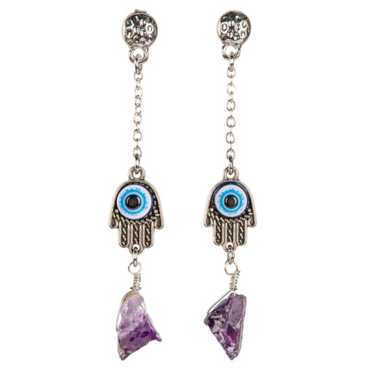 Amethyst Raw Evil Eye Hamsa Hand Earrings