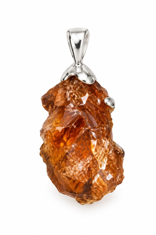 Hessonite Garnet Raw Point Claw Set Sterling Silver Pendant
