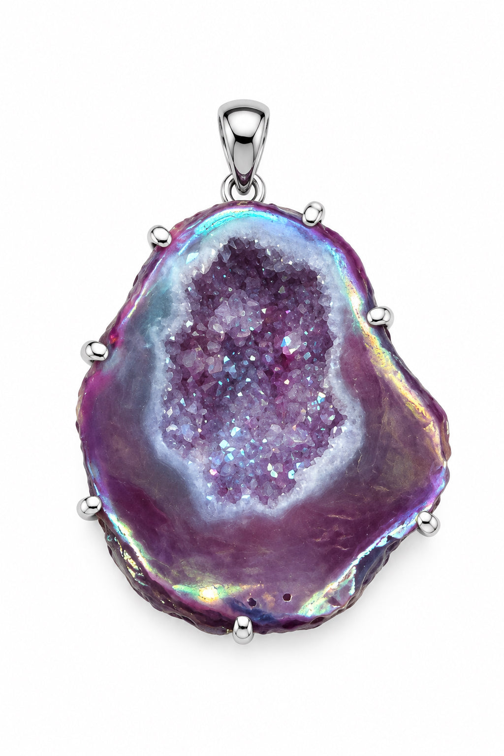 Angel Aura Druzy Agate Geode Dyed Purple Natural Back Claw Set Sterling Silver Pendant