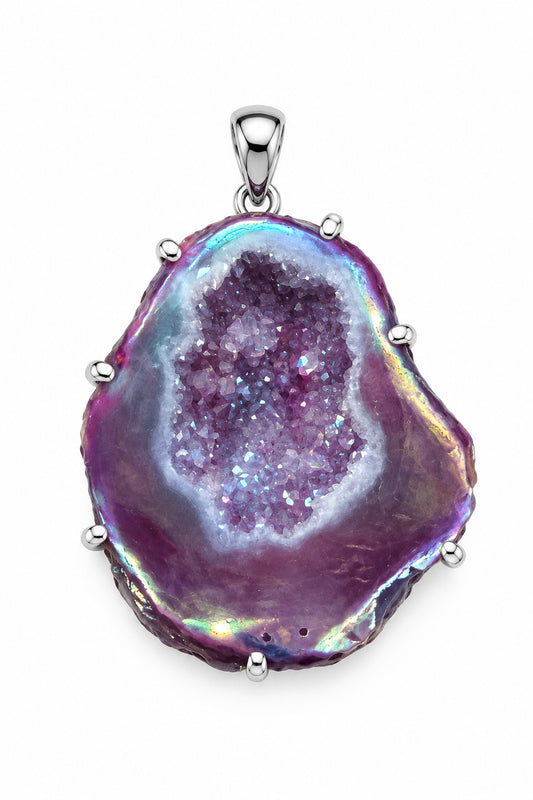 Angel Aura Druzy Agate Geode Dyed Purple Natural Back Claw Set Sterling Silver Pendant