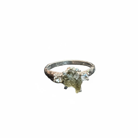 Moldavite Natural & 2 White Topaz .925 Sterling Silver Ring Size 10