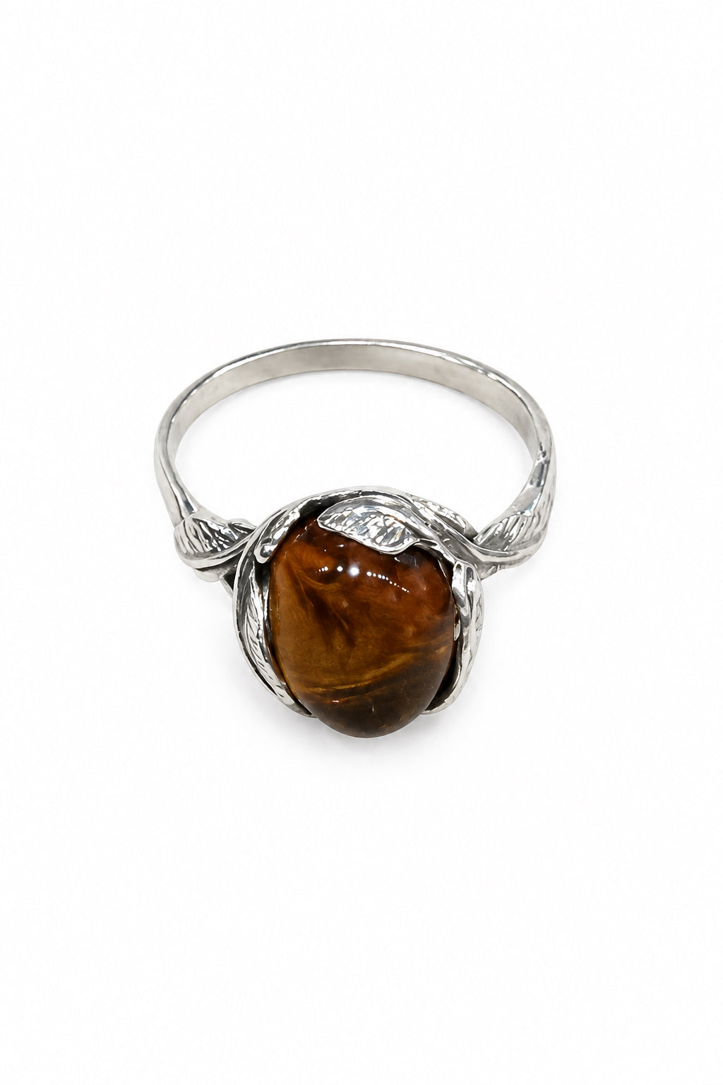 Amber Oval Cab Leaf Frame Silver Rings Stye# J