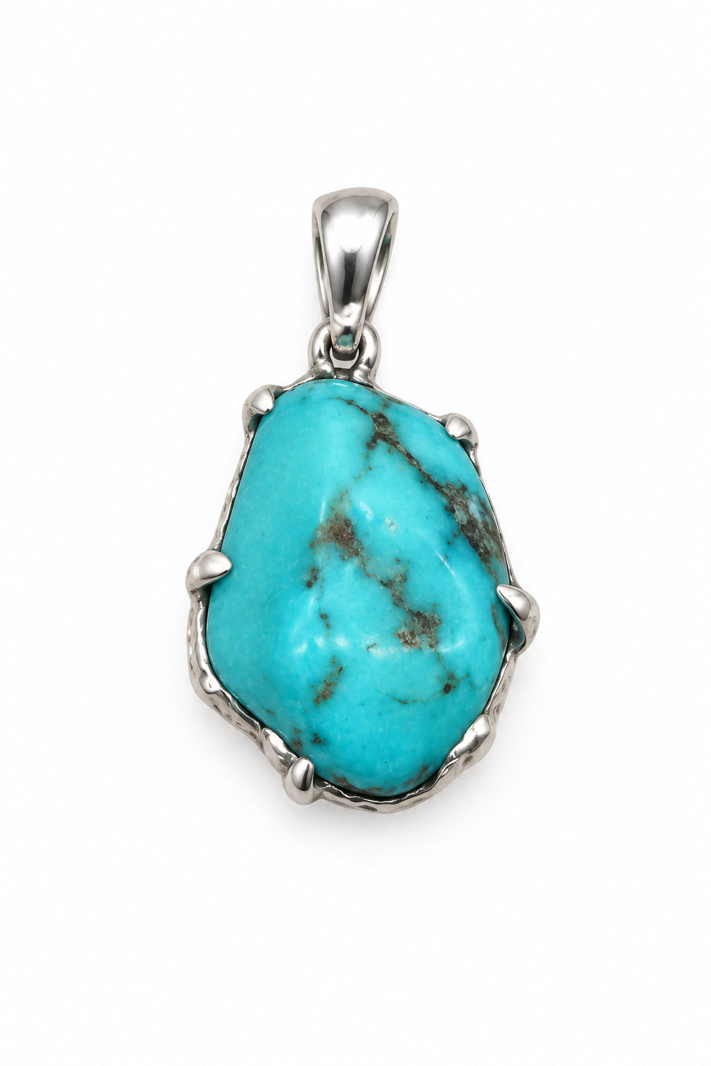 Turquoise Nugget Rhodium Plated Claw Set Sterling Silver Pendant