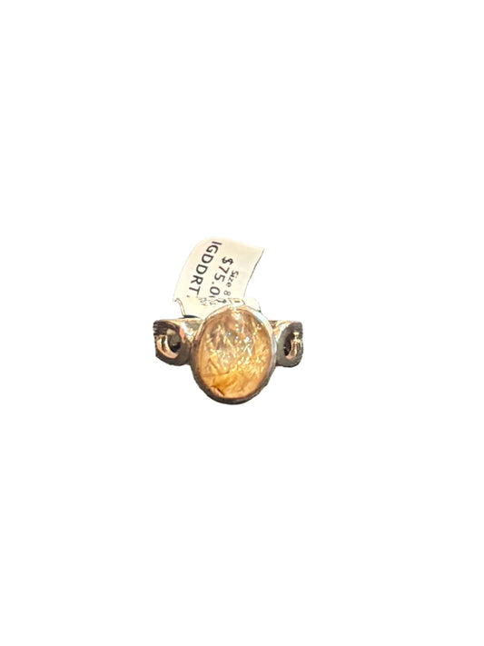 Rutilated Quartz Oval Cab Beated Band.925 Sterling Silver Ring Size 8