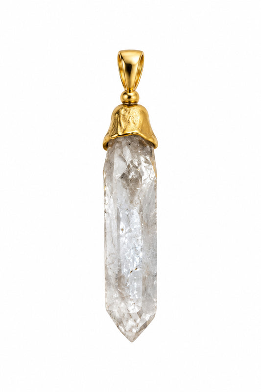 Quartz Crystal Point Brass 16K Gold Plated Pendant