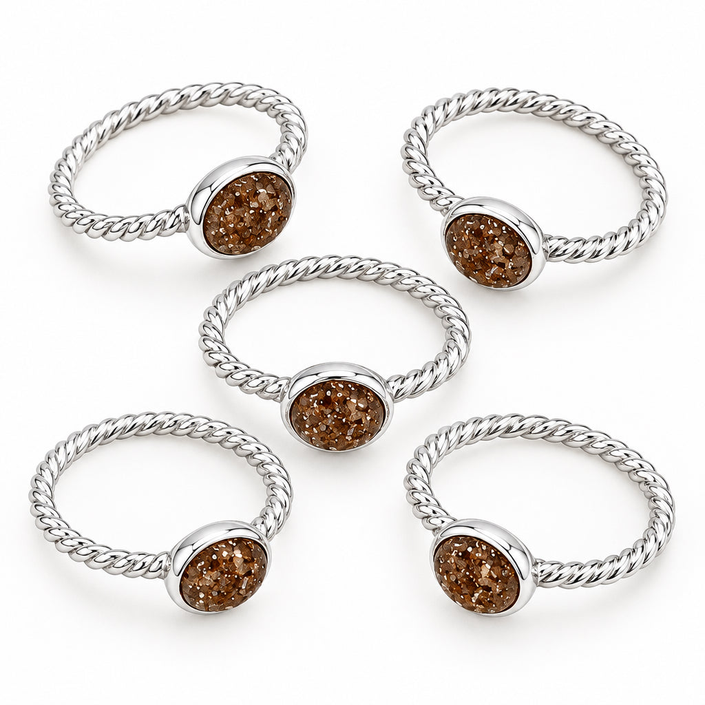 Amber Round Cab Twisted Band Silver Rings Stye# E