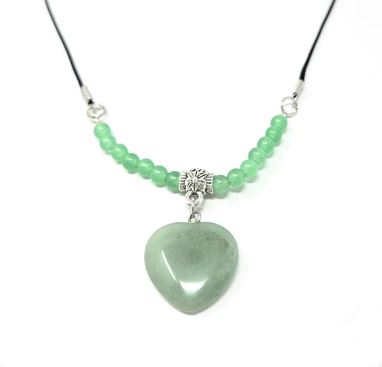 Green Aventurine Heart With Beads Choker On Black Cord Clasp Necklace