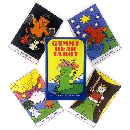Gummy Bear Tarot Deck by Dietmar Bittrich – 78-card deck featuring whimsical gummy bear illustrations based on traditional Rider-Waite imagery, housed in a compact tin box with a 78-page guidebook.
