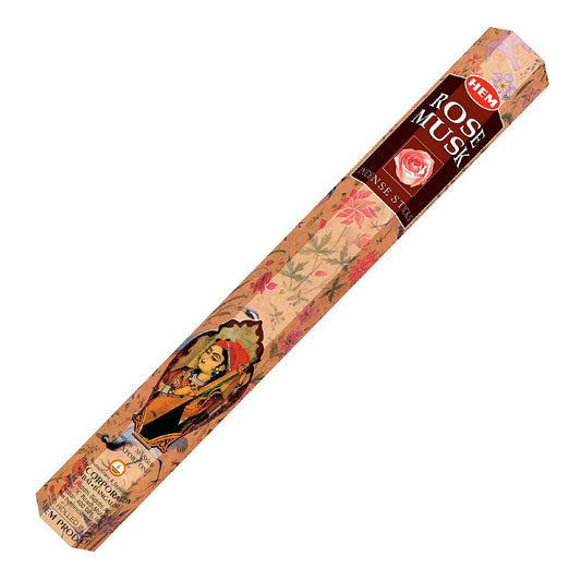HEM Rose Musk Incense Sticks – romantic blend of rose and musk fragrance to enhance mood and create intimacy.
