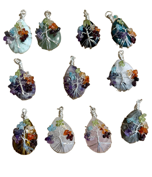 Chakra Stones Wire Tree Wrapped Teardrop Silver Plated Pendant