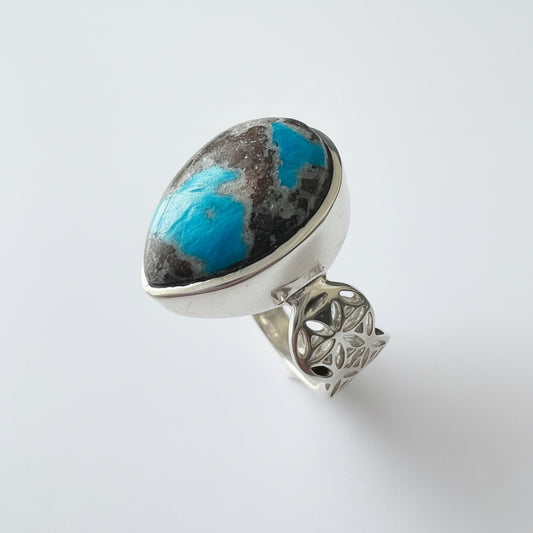 Cavansite Flower of Life .925 Silver Ring Size 7.5