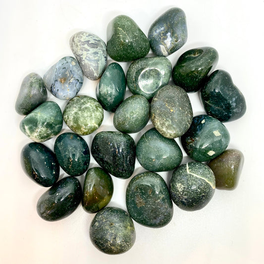 Moss Agate Tumbled, tumbled stone at Namaste Bookshop near Union Square, NYC