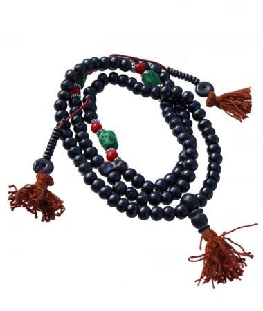 Dark Bone & Imitation Turquoise, Coral 8mm 108 Bead Japa Mala with Tassels