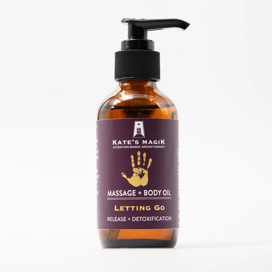 Kate's Magik Letting Go Massage + Body Oil – soothing aromatic blend for release, relaxation, and emotional balance.
