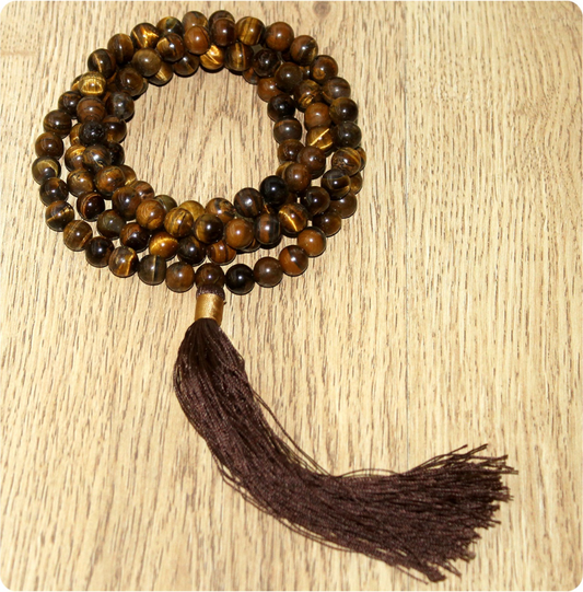 Tiger Eye 8mm 108 Round Beaded Mala With Brown Tassel 33-37" Long