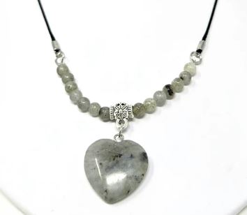 Labradorite Heart With Beads Choker On Black Cord Clasp Necklace