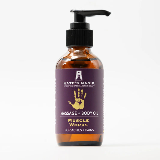 Kate's Magik Muscle Works Massage + Body Oil – therapeutic blend to ease tension, support recovery, and relax sore muscles.
