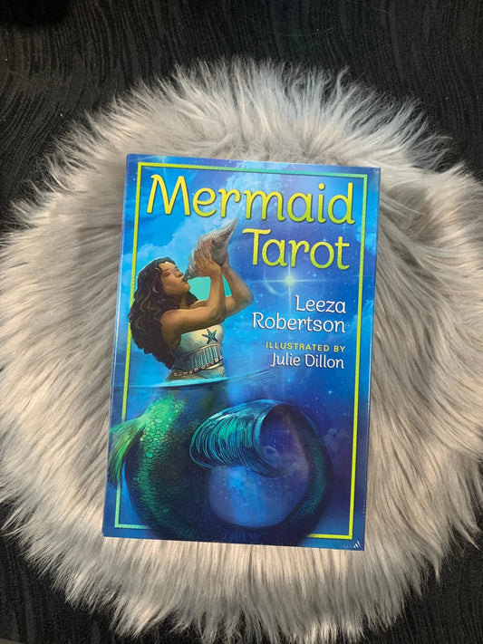 Mermaid Tarot by Leeza Robertson – a 78-card deck featuring vibrant mermaid-themed artwork by Julie Dillon, offering insights from the mystical realm.
