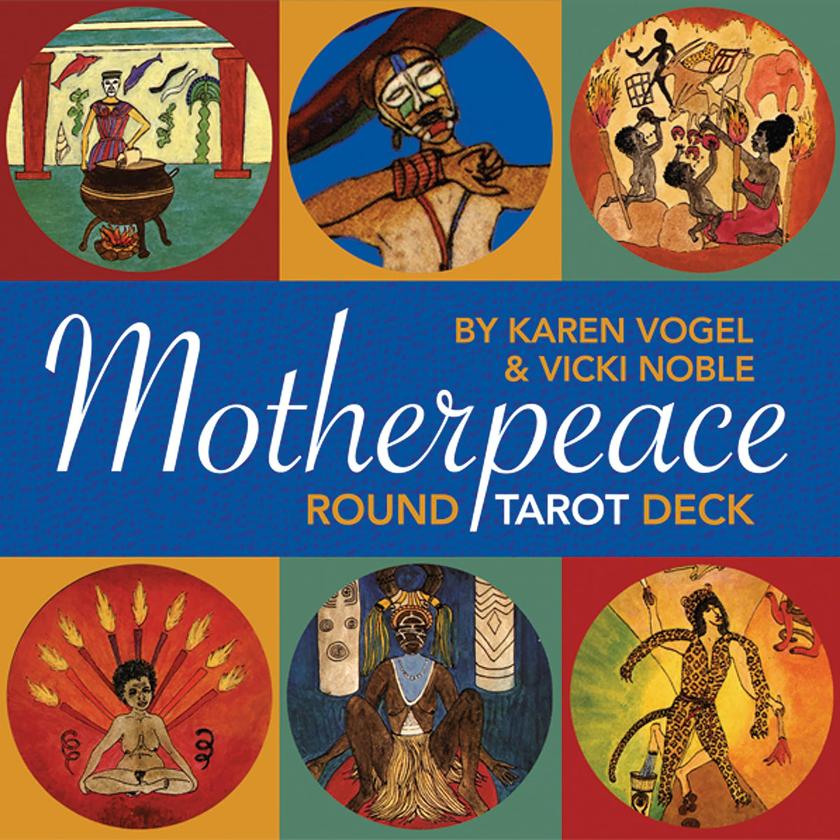 Motherpeace Round Tarot Deck by Karen Vogel & Vicki Noble – a 78-card deck featuring round cards with vibrant, goddess-centered artwork, celebrating 30,000 years of women's culture worldwide.
