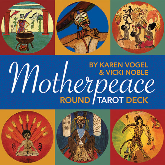 Motherpeace Round Tarot Deck by Karen Vogel & Vicki Noble – a 78-card deck featuring round cards with vibrant, goddess-centered artwork, celebrating 30,000 years of women's culture worldwide.
