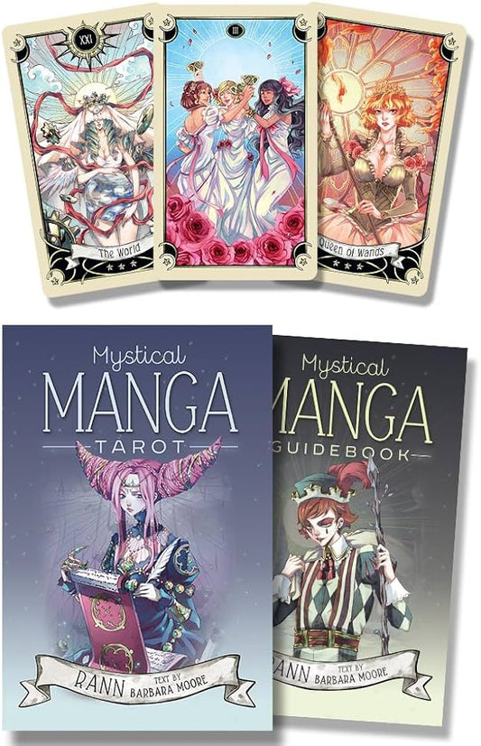 Mystical Manga Tarot Mini Deck by Barbara Moore & Rann – a 78-card deck featuring vibrant, manga-inspired artwork, offering intuitive insights based on the Rider-Waite system.
