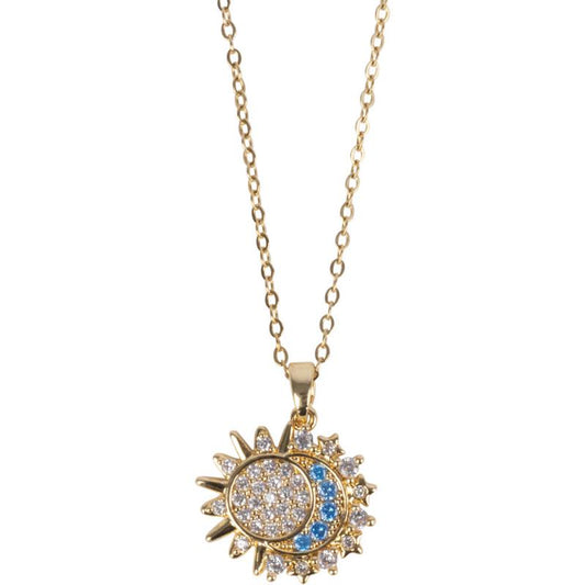 SUN & MOON W/ CZ STONES GOLD TONE STAINLESS STEEL NECKLACE