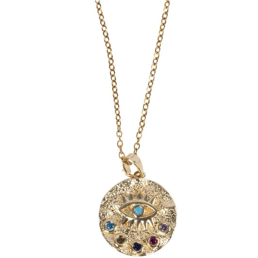 EVIL EYE W/ CZ STONES GOLD TONE STAINLESS STEEL NECKLACE