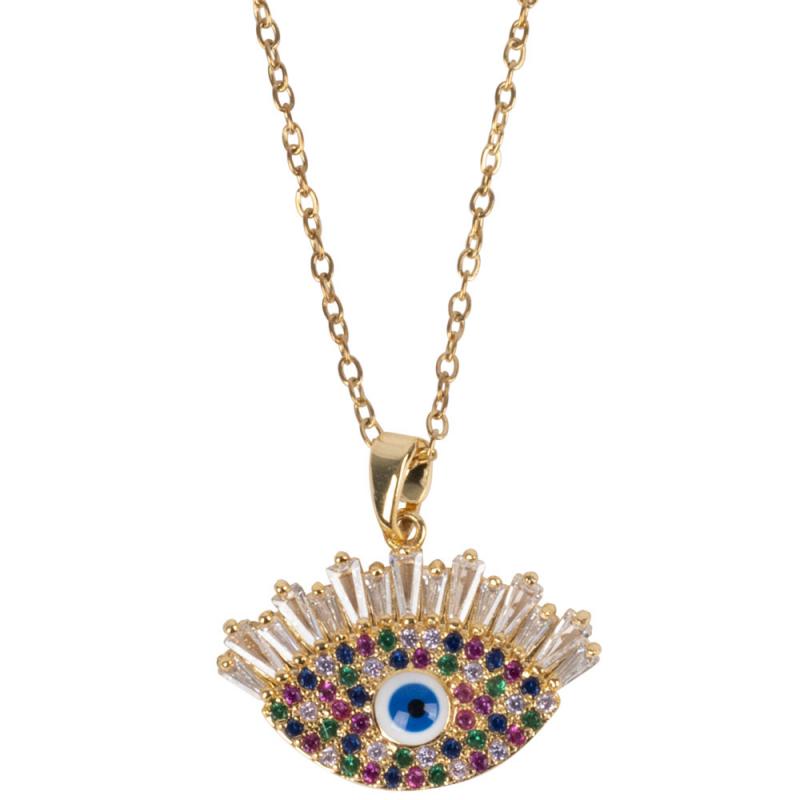 EVIL EYE WITH LASHES CZ STONES GOLD TONE STAINLESS STEEL NECKLACE