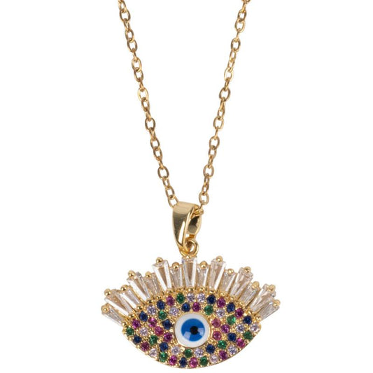EVIL EYE WITH LASHES CZ STONES GOLD TONE STAINLESS STEEL NECKLACE