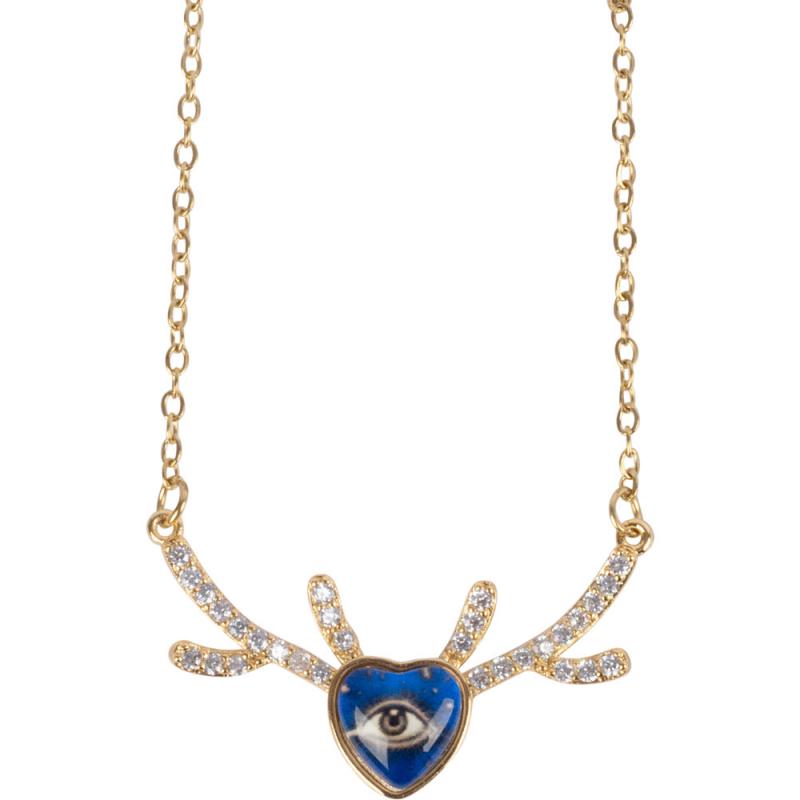 EVIL EYE W/ CZ STONES ANTLERS GOLD TONE STAINLESS STEEL NECKLACE