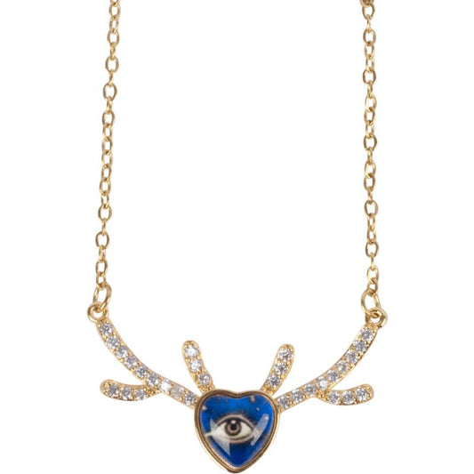 EVIL EYE W/ CZ STONES ANTLERS GOLD TONE STAINLESS STEEL NECKLACE